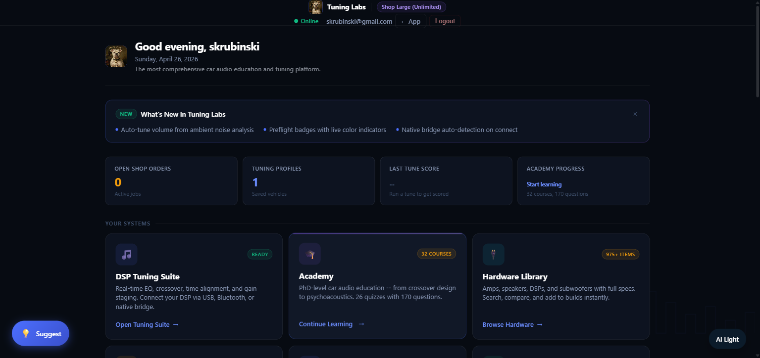 Tuning Labs login screen